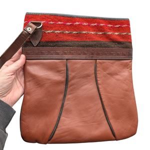 Vintage Purse Leather Bolivia Shoulder Bag Brown Red Aztec Border Boho Western